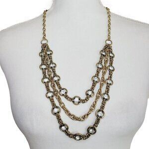 Antiqued Gold Tone Triple Strand Necklace Rhinestones Weighty Nautical Clasp 32"